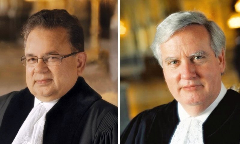 Judge Dalveer Bhandari of Indian descent (left) and English judge Sir Christopher Greenwood.&mdash; File