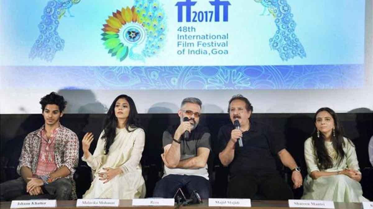 Iranian director Majid Majidi with Indian lead casts Ishaan Khatter and Malavika Mohanan during a press conference at IFFI. Photo: PTI
