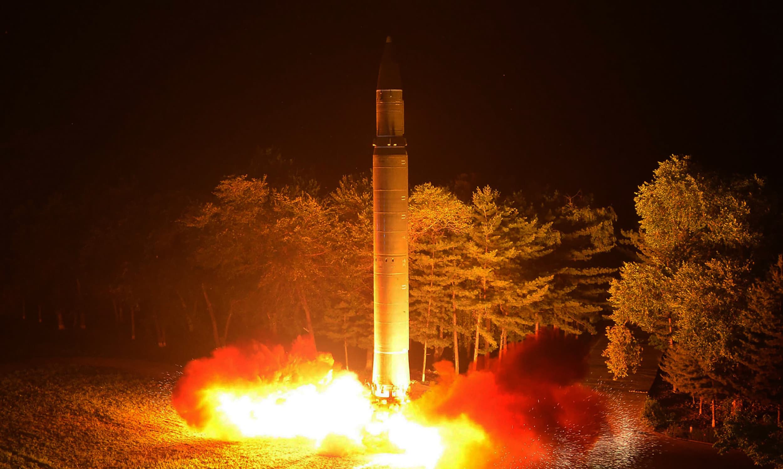 North Korea's intercontinental ballistic missile (ICBM) Hwasong-14 being lauched at an undisclosed place in North Korea. —AFP/File