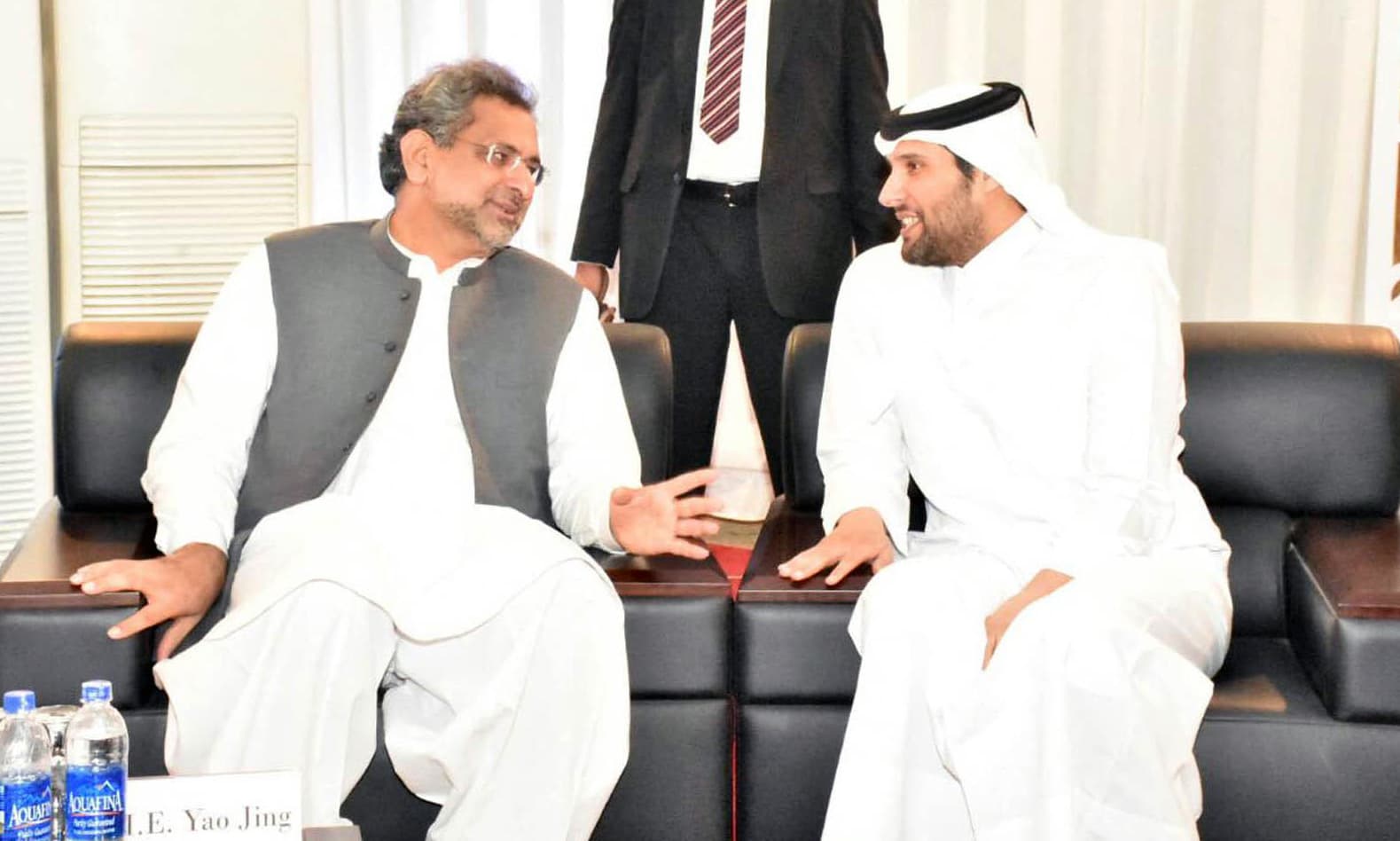 PM Abbasi and Sheikh Jassim exchange views following the inauguration of Port Qasim Coal-fired Power Plant. —Online