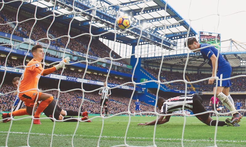 LONDON: Chelsea&rsquo;s Alvaro Morata heads to score against Newcastle United during the Premier League match at the Stamford Bridge on Saturday.&mdash;Reuters