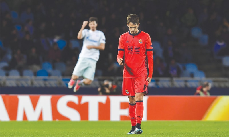 SAN SEBASTIAN: Real Sociedad&rsquo;s Adnan Januzaj laments after Zenit St Petersburg&rsquo;s Aleksander Erokhin scored  during their Europa League match at the Anoeta Stadium.&mdash;AP