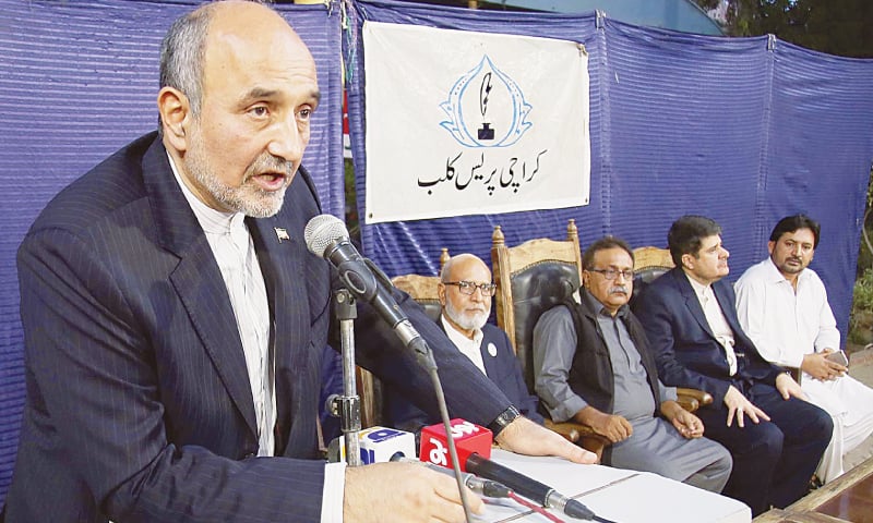 Iranian Ambassador Mehdi Honardoost addresses a press conference at the Karachi Press Club on Friday.—INP