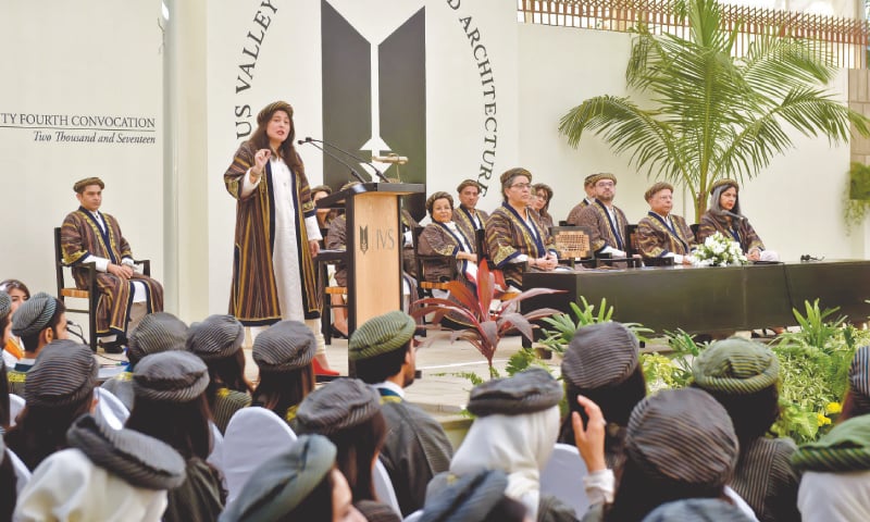SHARMEEN Obaid-Chinoy delivers a speech at the 24th 
convocation of Indus Valley School of Art and Architecture on Saturday.&mdash;Fahim Siddiqi/White Star