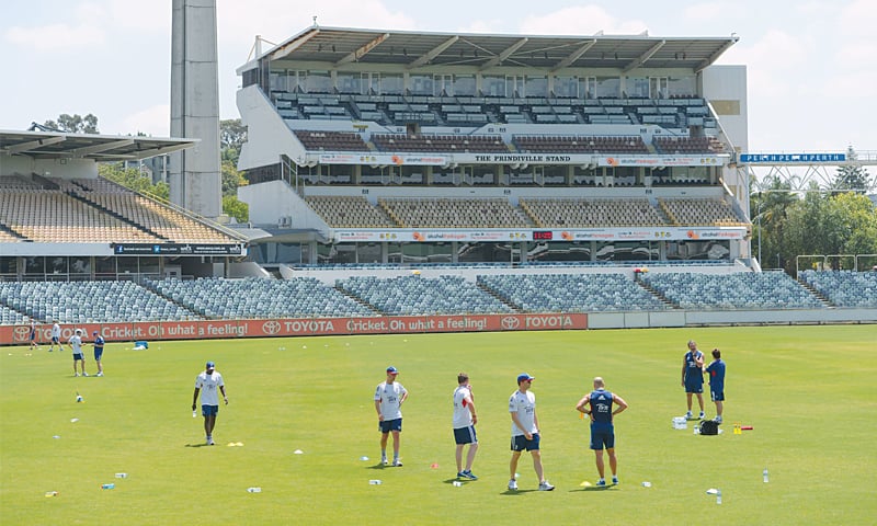 THIS file photo taken on Oct 26, 2013 shows members of the England team participating in a training session at the WACA Ground in Perth. The minimalist venue on the edges of Perths CBD is hosting its 44th and final Test match before future games are switched to the swanky new 60,000-capacity Perth Stadium across the Swan River.—AFP