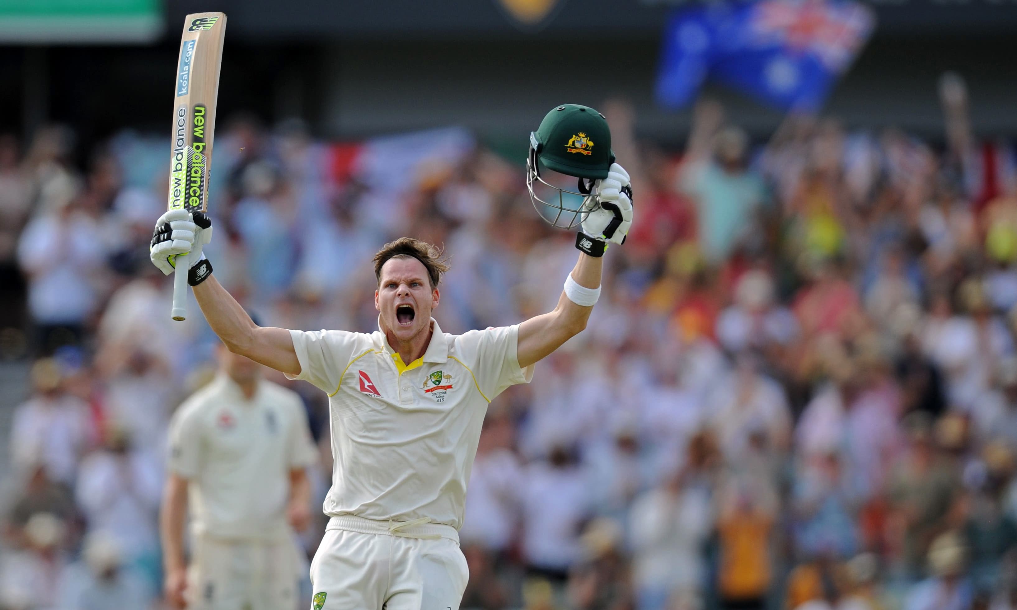 Steve Smith celebrates after reaching his 200 on day three of the third Ashes Test match at the WACA. &mdash;AFP