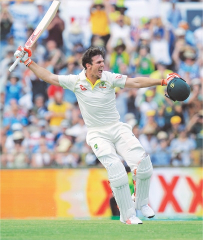 AUSTRALIAN all-rounder Mitchell Marsh celebrates after completing the maiden century.—AFP