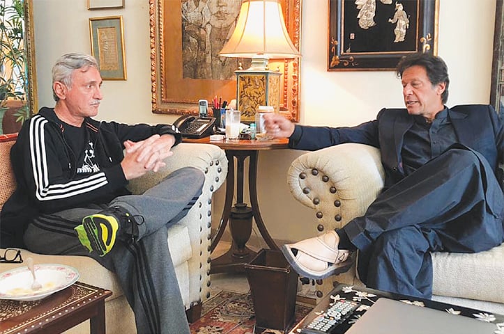 PAKISTAN Tehreek-i-Insaf chief Imran Khan meets party leader Jahangir Khan Tareen on Saturday. Mr Khan reached Mr Tareen’s residence directly from the Islamabad airport after he returned from his four-day visit to Sindh.—Online