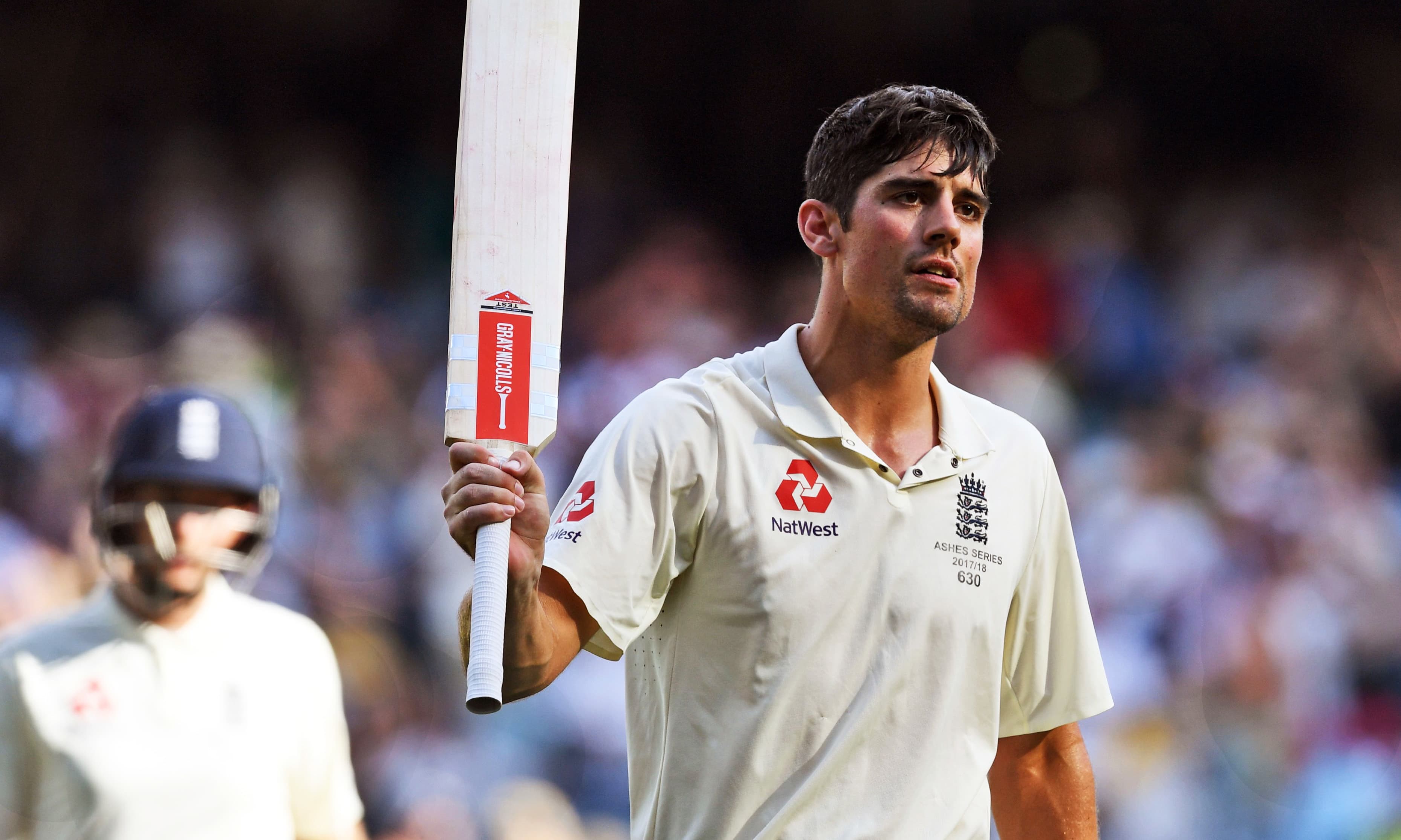 England's batsman Alastair Cook celebrates scoring his century against Australia on the second day of the fourth Ashes cricket Test match at the MCG in Melbourne on December 27, 2017. &mdash;AFP
