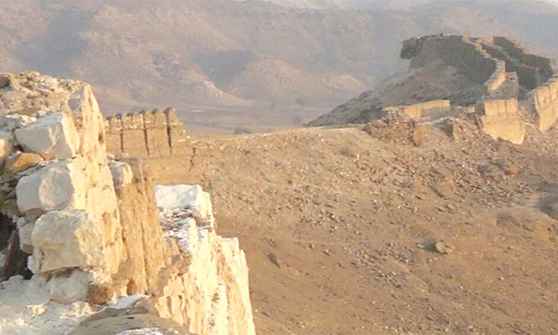 A LARGE collapsed section of the Ranikot Fort rampart is a proof of the official indifference to the centuries-old heritage.—Photo by writer A LARGE collapsed section of the Ranikot Fort rampart is a proof of the official indifference to the centuries-old heritage.—Photo by writer