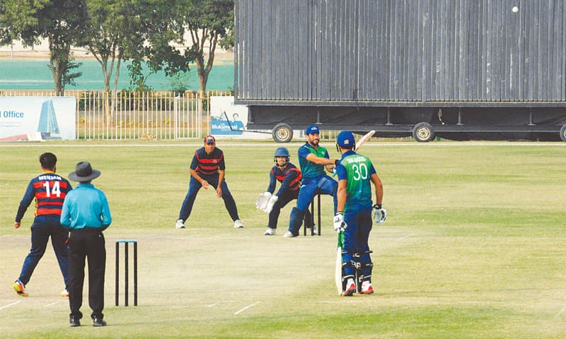 KARACHI: UBL batsman Sohaib Maqsood pulls Wapda spinner Mesome Hussain for a six during his blistering half-century in the One-day Departmental Cup match at the UBL Sports Complex on Sunday.&mdash;Tahir Jamal/White Star