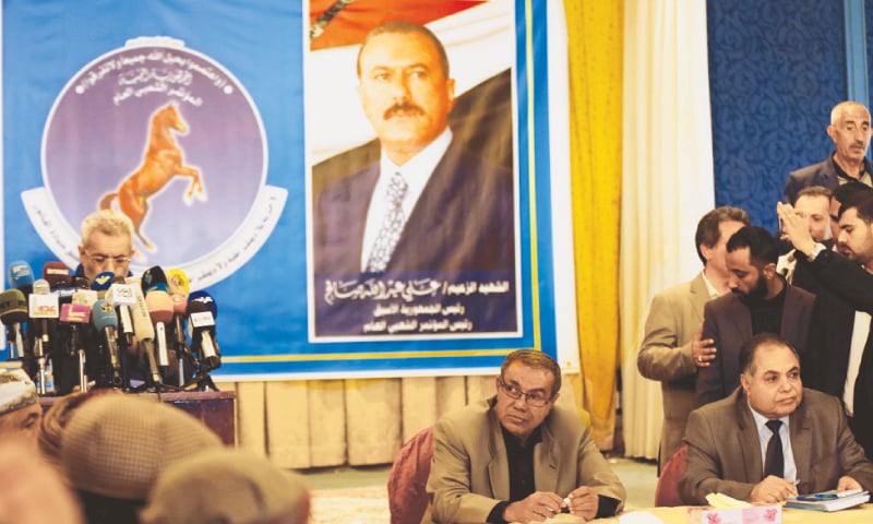 Sanaa: Sadeq Amin Abou Rass (second right), picked to succeed Yemen’s slain president Ali Abdullah Saleh as leader of the General Peoples Congress, attends a meeting of the party on Sunday.—Reuters Sanaa: Sadeq Amin Abou Rass (second right), picked to succeed Yemen’s slain president Ali Abdullah Saleh as leader of the General Peoples Congress, attends a meeting of the party on Sunday.—Reuters