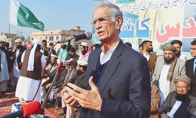 Khyber Pakhtunkhwa Chief Minister Pervez Khattak addresses the Tahaffuz Baitul Muqaddas Conference, organised by the Difa-i-Pakistan Council, on Sunday.&mdash;APP
