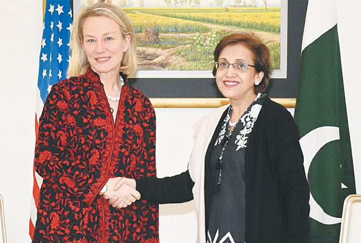 FOREIGN Secretary Tehmina Janjua welcomes US Acting Assistant Secretary of State Alice Wells to the Foreign Office on Monday.—INP