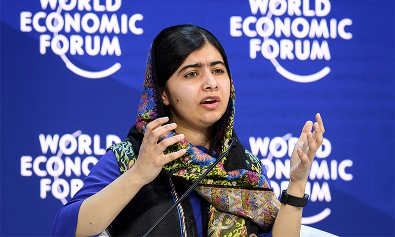 Pakistani Nobel Peace Prize laureate Malala Yousafzai gestures while talking during a session at the World Economic Forum (WEF) annual meeting on Thursday in Davos, eastern Switzerland.— AFP Pakistani Nobel Peace Prize laureate Malala Yousafzai gestures while talking during a session at the World Economic Forum (WEF) annual meeting on Thursday in Davos, eastern Switzerland.— AFP