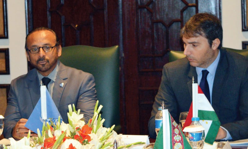 UNODC Representative Cesar Guedes and Regional Coordinator for Afghanistan and neighbouring countries Danilo Campasi at a breakfast meeting for Central Asian envoys in Islamabad.