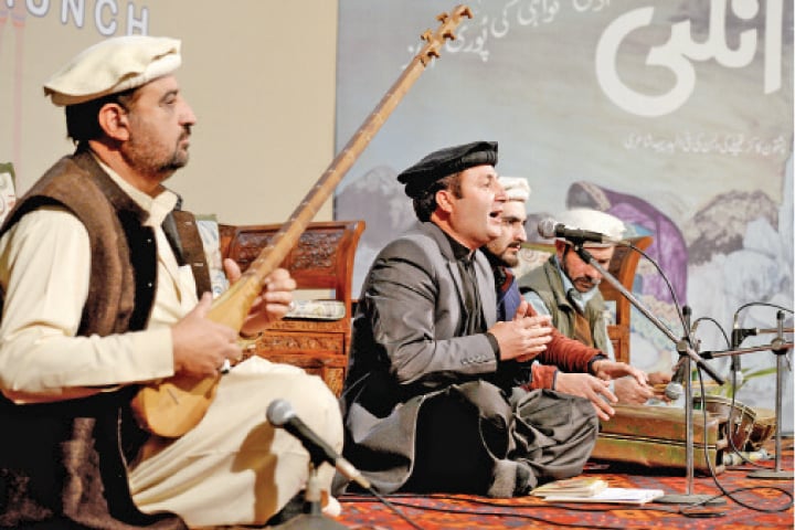 Folk singer Mansoor Ali along with Aftab Alam on Sitar and Munawar Shah on tabla perform at the book launch on Monday. &mdash; White Star
