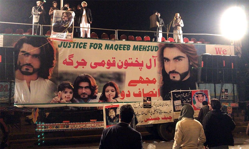 A stage is set up in Islamabad during the protest demanding justice for Naqeebullah Mehsud.— Photo by Shakeel Qarar