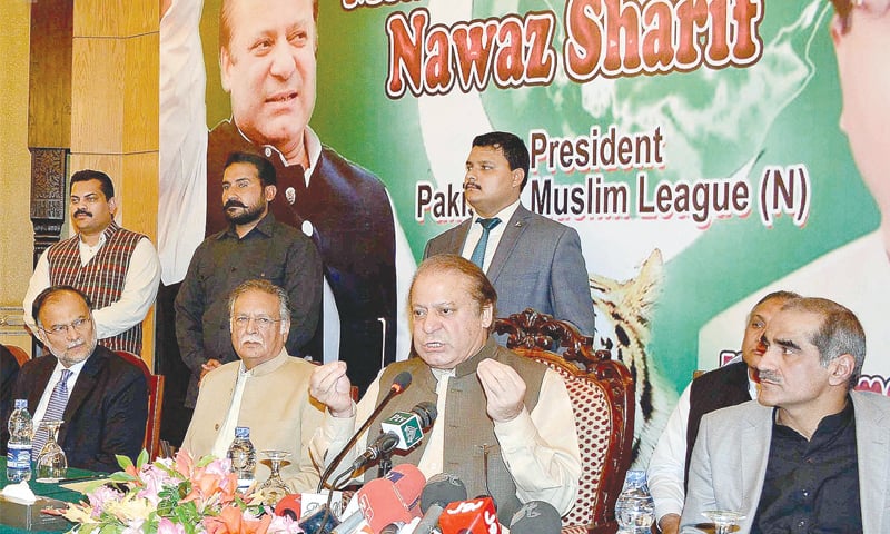 FORMER prime minister Nawaz Sharif addressing a gathering of Pakistan Muslim League-N workers on Thursday.—INP