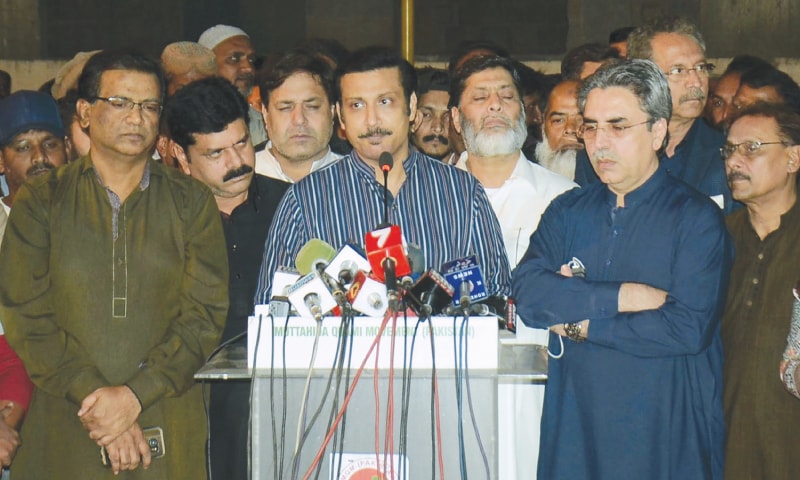 MUTTAHIDA Qaumi Movement-Pakistan leader Faisal Subzwari (centre) speaks to media outside the party’s temporary headquarters in Bahadurabad on Friday. Senior leader Amir Khan (right) and other members of the coordination committee, who are opposing party head Dr Farooq Sattar over distribution of the Senate tickets, accompanied him.—White Star MUTTAHIDA Qaumi Movement-Pakistan leader Faisal Subzwari (centre) speaks to media outside the party’s temporary headquarters in Bahadurabad on Friday. Senior leader Amir Khan (right) and other members of the coordination committee, who are opposing party head Dr Farooq Sattar over distribution of the Senate tickets, accompanied him.—White Star