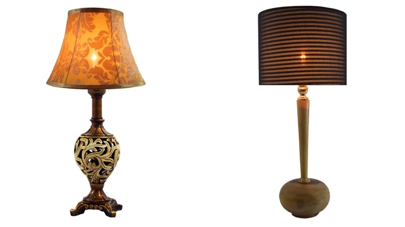 Left: Carved table lamp in soft gold, Right: Sheesham wooden table lamp in dark black.