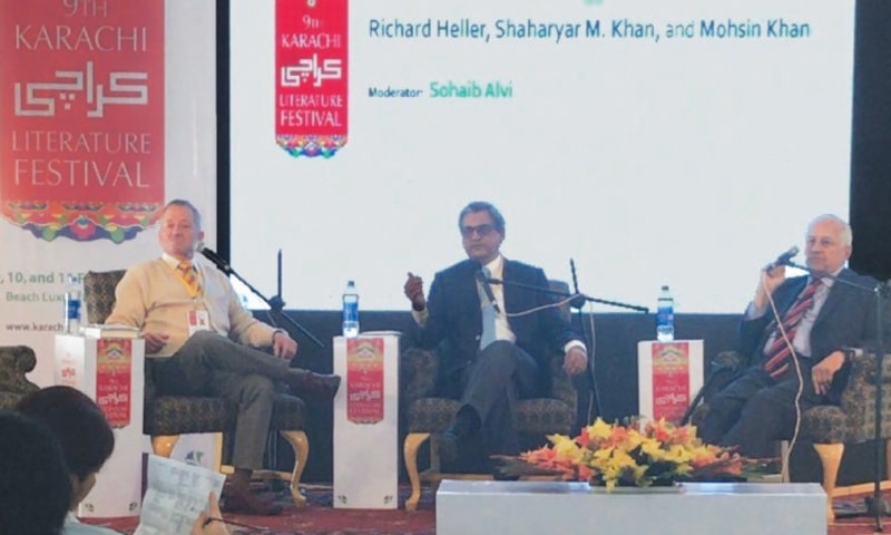 KARACHI: (From L to R) Cricket historian and author Richard Heller, moderator Sohaib Alvi and ex-PCB chairman Shaharyar M Khan seen during ‘Howzat! The Madness that is Cricket’ session at the Karachi Literature Festival on Saturday.