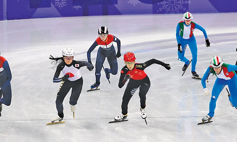 PYEONGCHANG: Competitors take start to the women&rsquo;s 3,000-metre short-track speedskating relay at the Gangneung Ice Arena on Saturday.&mdash;AP