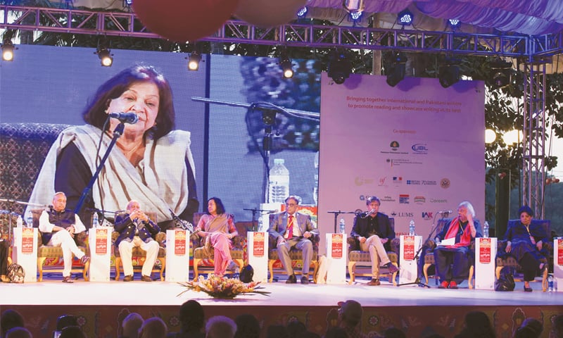 Anis Haroon speaks at the closing session of the Karachi Literature Festival on Sunday.—White Star