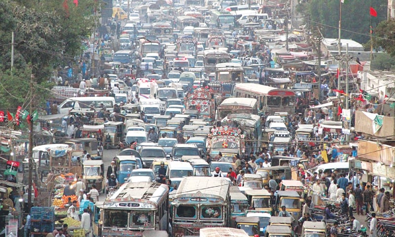 VEHICLES of all denominations stuck in a traffic jam near Empress Market on Monday. The snarl-up was caused by development work at more than one place in Saddar.&mdash;Online