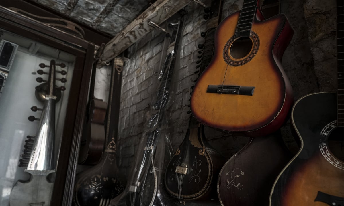 A selection of music instruments at a small shop in Lahore