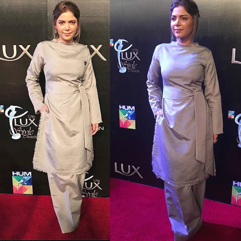 Hadiqa Kiani in grey shalwar kameez.