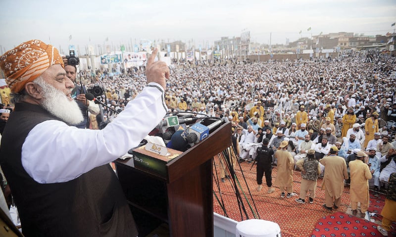 MAULANA Fazlur Rehman addresses a youth convention in Peshawar on Wednesday. &mdash; White Star