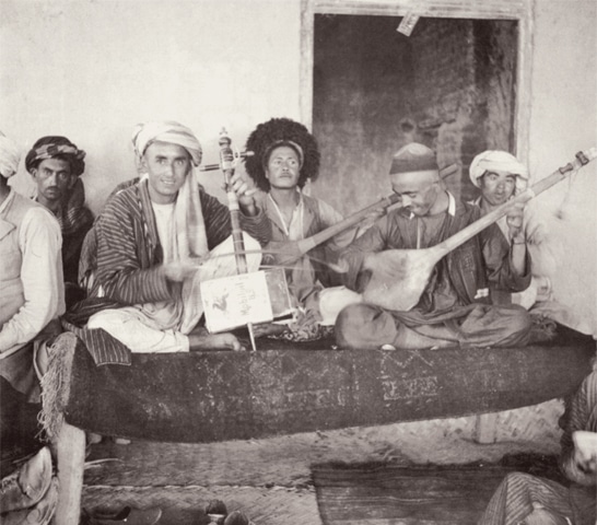 Typical teahouse orchestra in Tashqurghan, Afghanistan in the 1950s