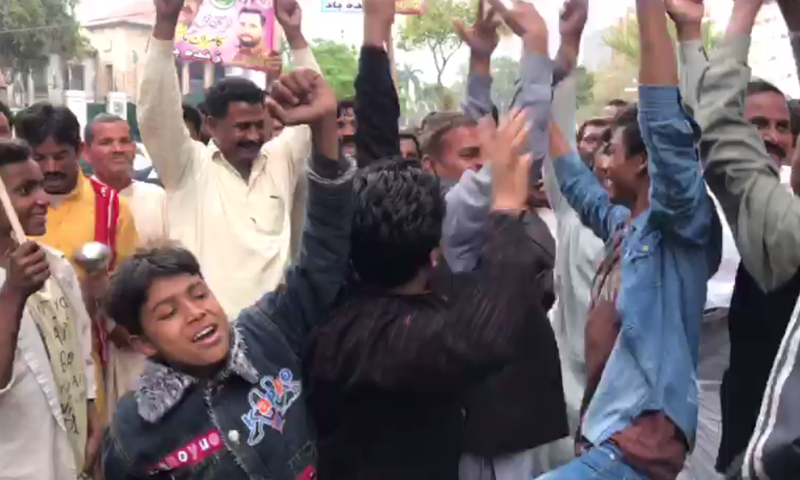 Supporters of PML-N-backed candidate Kamran Michael celebrate after unofficial results showed he has been elected to the Senate.— DawnNews