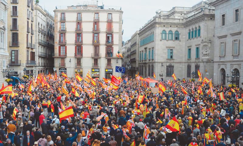 Barcelona (Spain): People attend a pro-unity rally organised by the Tabarnia movement, a fictional region that wants independence from Catalonia.—AFP