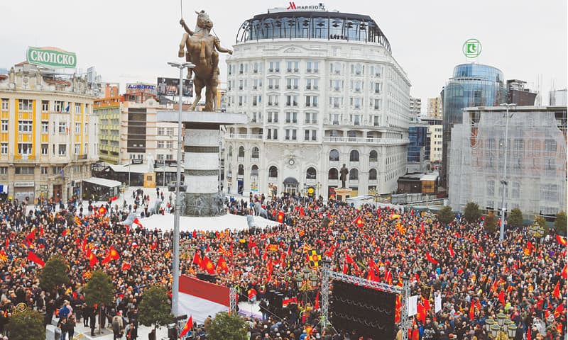 Skopje (Macedonia): People attend a rally organised by the &ldquo;We are Macedonia&rdquo; movement on Sunday to protest the name change sought 
by Greece.&mdash;Reuters