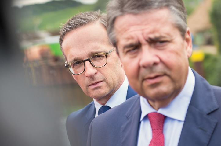 German Foreign Minister Sigmar Gabriel (right) and Justice Minister Heiko Maas at a meeting near Perl-Nennig, western Germany, in this picture taken on August 21 last year. Heiko Maas will replace Mr Gabriel as foreign minister.&mdash;AFP