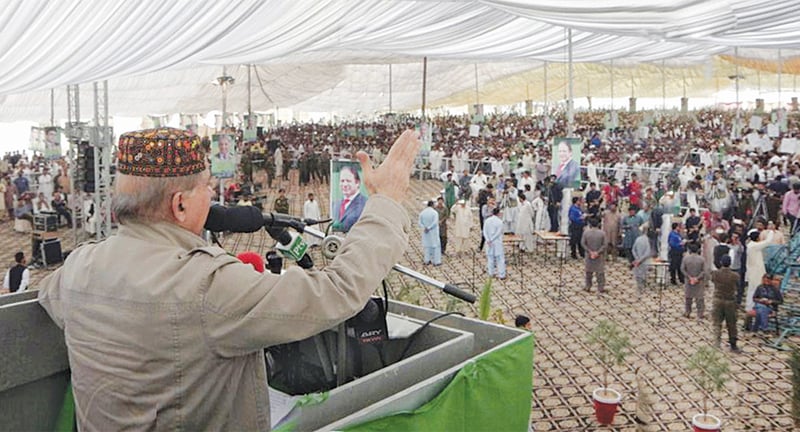 DERA GHAZI KHAN: PML-N president and Punjab Chief Minister Shahbaz Sharif speaks at the rally on Saturday.—Online