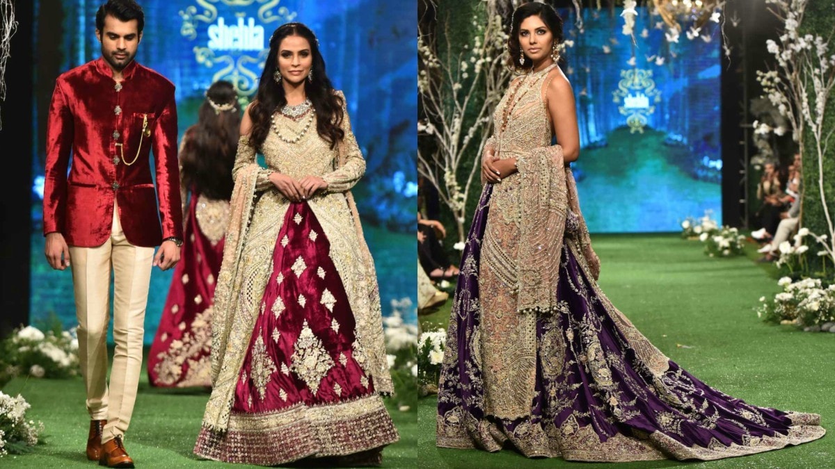 The heaviest bridal wear was most exquisite: Fauzia Aman dazzling in maroon and gold, Sunita Marshall in a gorgeous violet lehnga paired with an ivory backless shirt