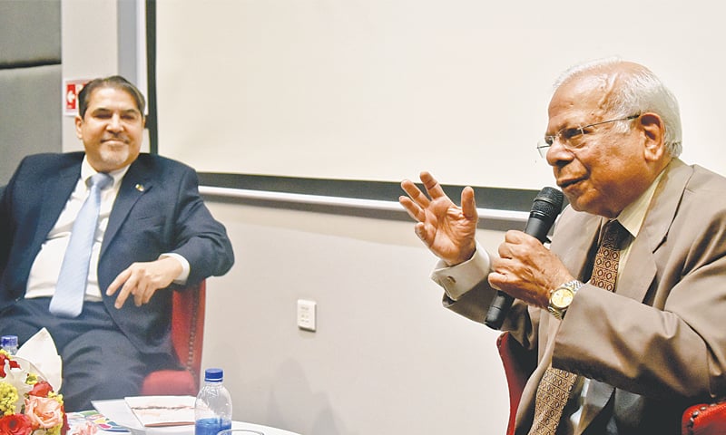 DR Ishrat Husain speaks at the IBA on Friday.—Fahim Siddiqi / White Star