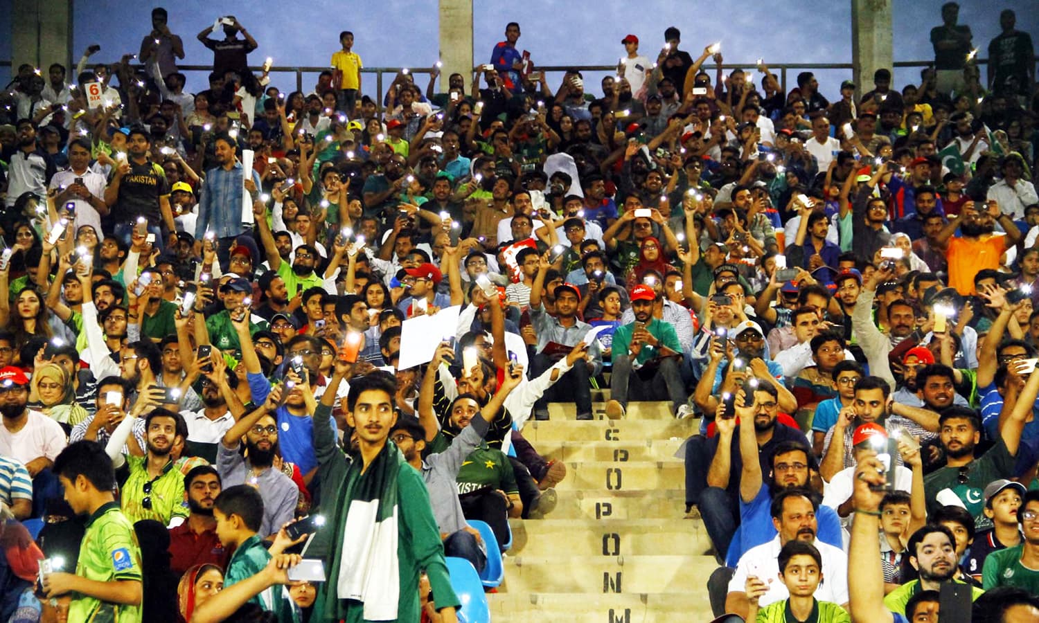 Crowd cheers before start of1st T20 match between Pakistan and West Indies. —APP