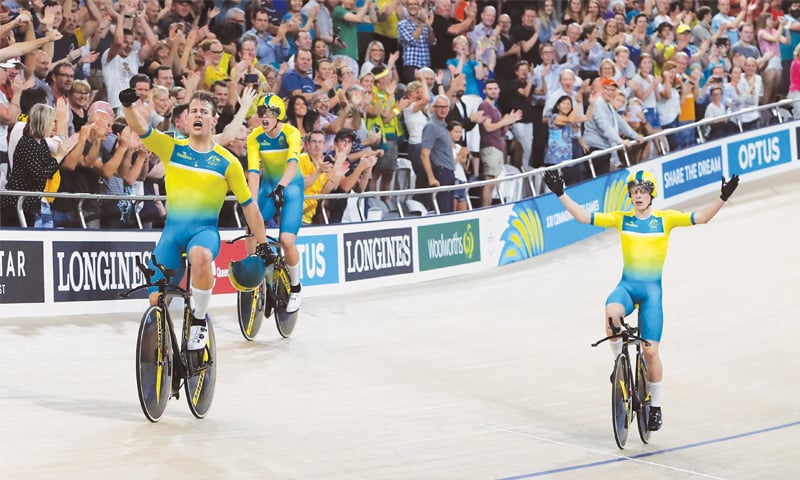 Gold Coast: The Australian quartet of Alex Porter, Sam Welsford, Leigh Howard and Kelland O&rdquo;Brien in action during the men&rsquo;s 4,000m team pursuit finals at the Anna Meares Velodrome on Thursday.&mdash;Reuters