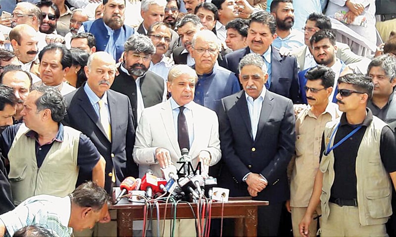 Punjab Chief Minister Shahbaz Sharif talks to reporters during a visit to the mausoleum of Quaid-i-Azam Mohammad Ali Jinnah on Saturday.—PPI