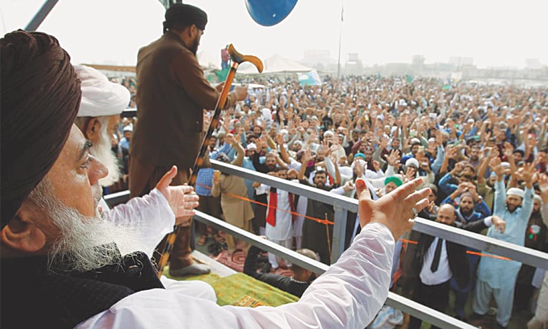 Khadim Hussain Rizvi leading the Tehreek-i-Labbaik sit-in at Rawalpindi last year: ‘In order to reinvigorate consent from below, the post-colonial state incorporated intermediate classes and religious-political groups in the ruling coalition’ | Reuters