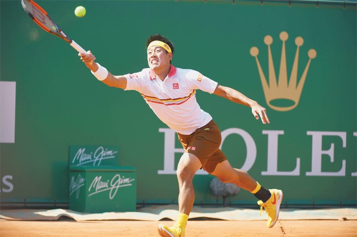 MONTE CARLO: Japan&rsquo;s Kei Nishikori hits a return to his German rival Alexander Zverev during their semi-final at the Monte-Carlo ATP Masters Series on Saturday.&mdash;AFP