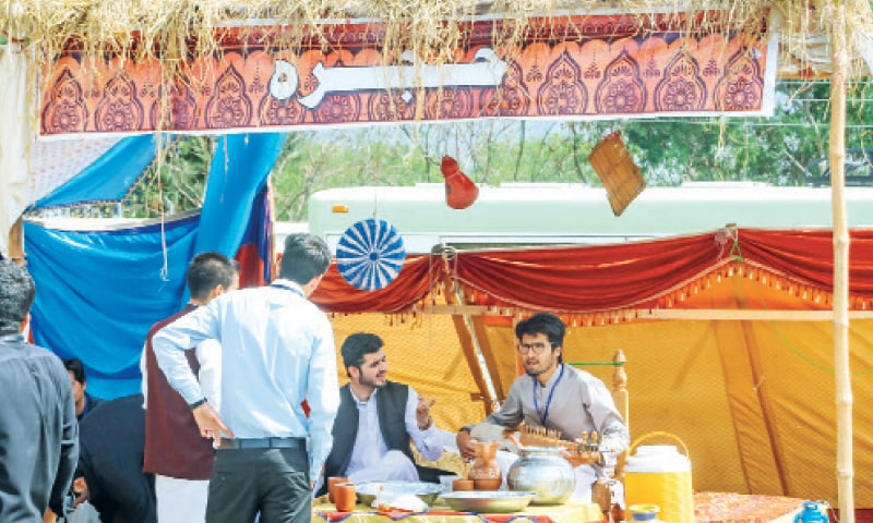 A model Pakhtun ‘hujra’ set up by students at the cultural expo in Swat University. — Dawn A model Pakhtun ‘hujra’ set up by students at the cultural expo in Swat University. — Dawn