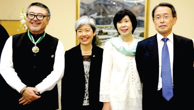Mitsubishi Corporation Pakistan CEO Kimihide Ando celebrates the conferment of the Sitara-i-Pakistan at a reception hosted by Japanese Ambassador Takashi Kurai and Reiko Kurai.