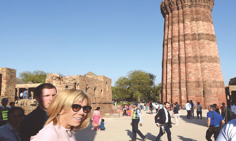 NEW DELHI: In this file photo taken on March 10, Brigitte Macron, wife of French President Emmanuel Macron, poses during her visit to the Qutub Minar, a Unesco World Heritage site.&mdash;AFP