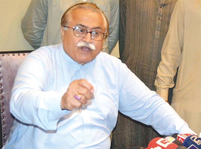 PPP-P leader Maula Bux Chandio speaks to the media in Hyderabad on Monday.—Dawn