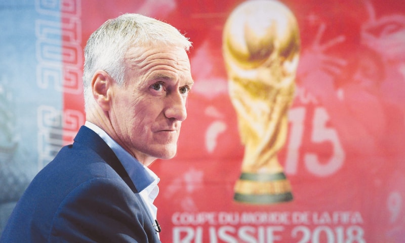 FRANCE head coach Didier Deschamps looks on before announcing the 23-man squad for the 2018 FIFA World Cup during the broadcast news of French TV channel TF1.&mdash;AFP